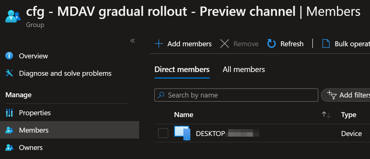 Entra ID (Azure AD) security group containing devices /en/gradual-rollout-process-microsoft-defender/images/Intune_AADGroup.png