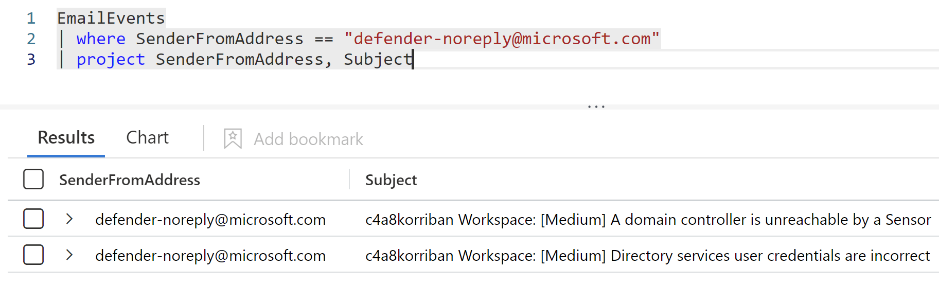 The results of the kusto query, showing two rows of results. /en/integrate-mdi-health-alerts-microsoft-sentinel/images/SimpleKustoQuery.png