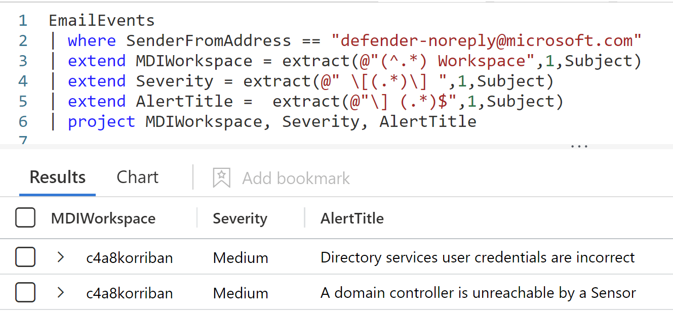 Results of the more advanced kusto query. The extracted data is now in separate columns. /integrate-mdi-health-alerts-microsoft-sentinel/images/AdvancedKustoQuery.png