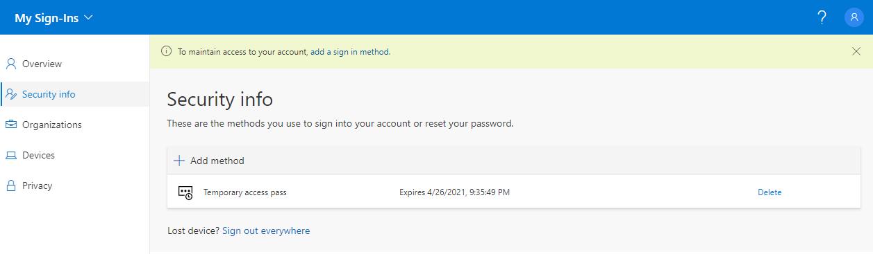 Add method /journey-passwordless-temporary-access-pass/images/TAPSignIn-3-MySignInsPortalCorrect.png