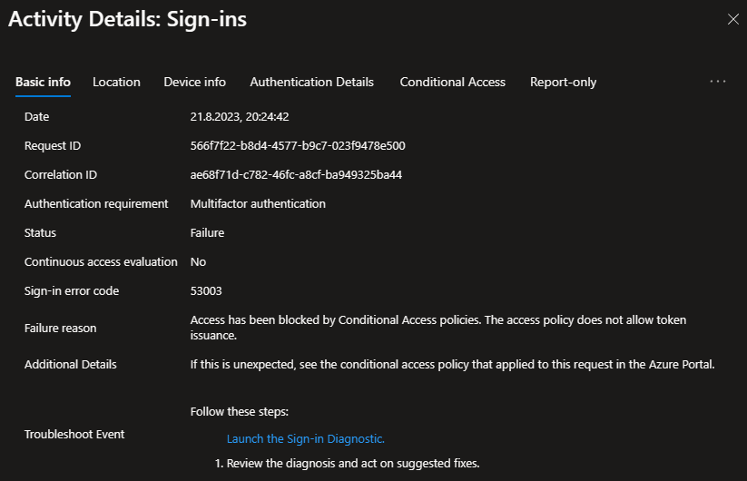 Sign-in event blocked by the conditional access policy /protect-users-device-code-flow-abuse/images/BlockedByCAP.png